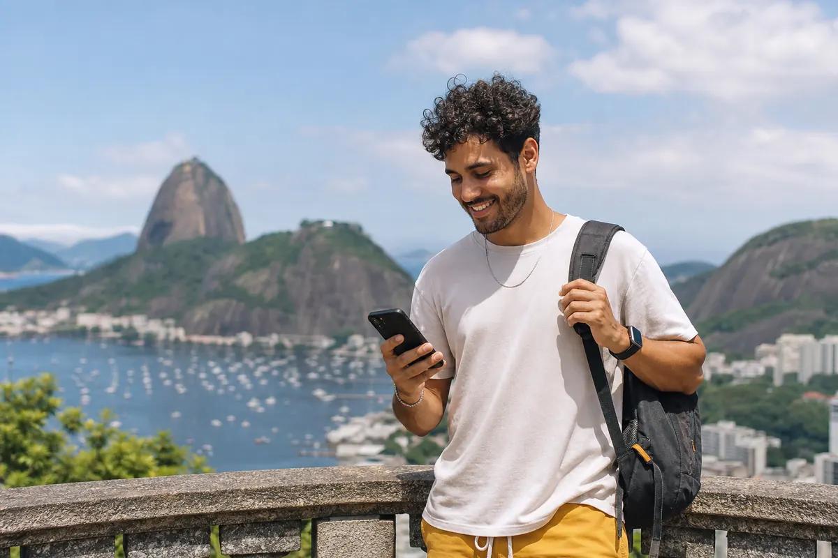 Voyageur souriant consultant son smartphone face à la baie de Rio et au Pain de Sucre