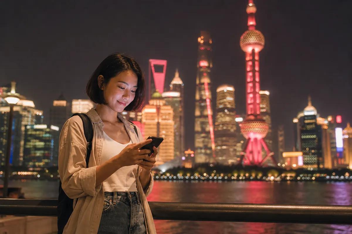 Voyageuse souriante consultant son smartphone au bord d'un fleuve devant des gratte-ciel illuminés la nuit