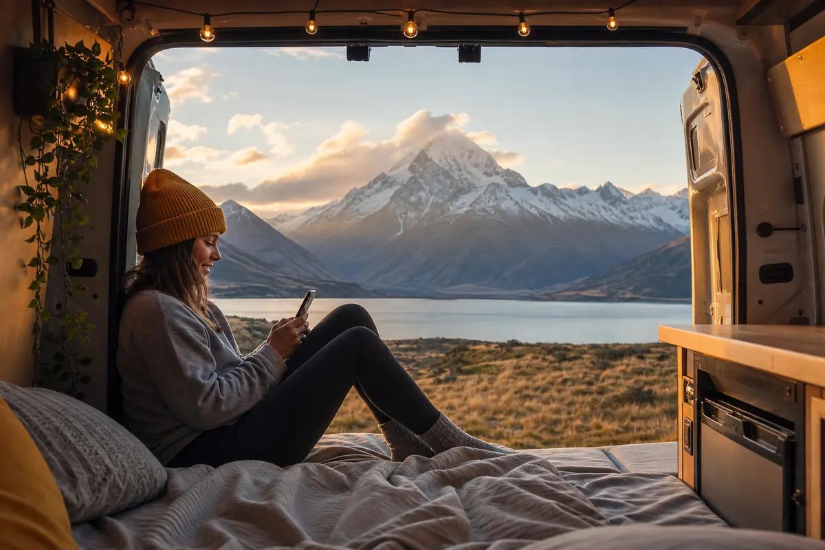 Voyageuse en bonnet, smartphone en main, assise dans son van ouvert face à un lac et une montagne enneigée