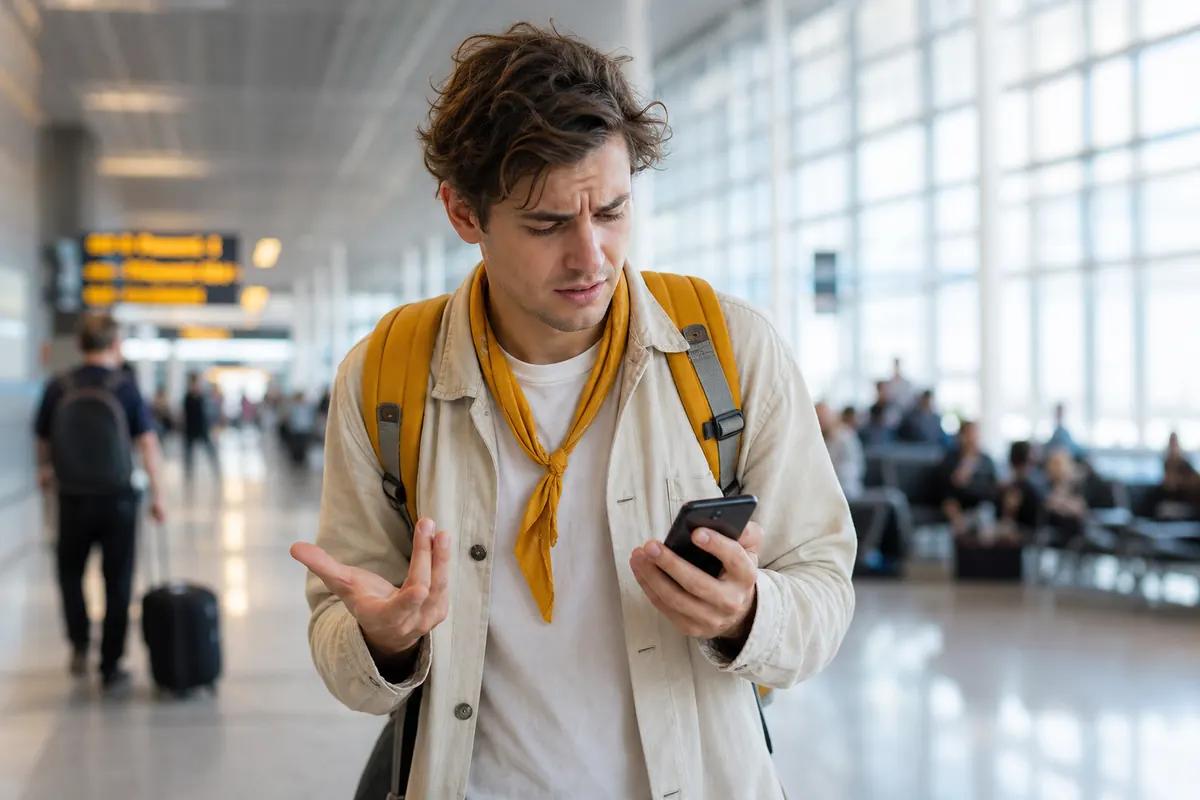 Voyageur perplexe, main ouverte, fixant son smartphone au milieu d'un terminal d'aéroport