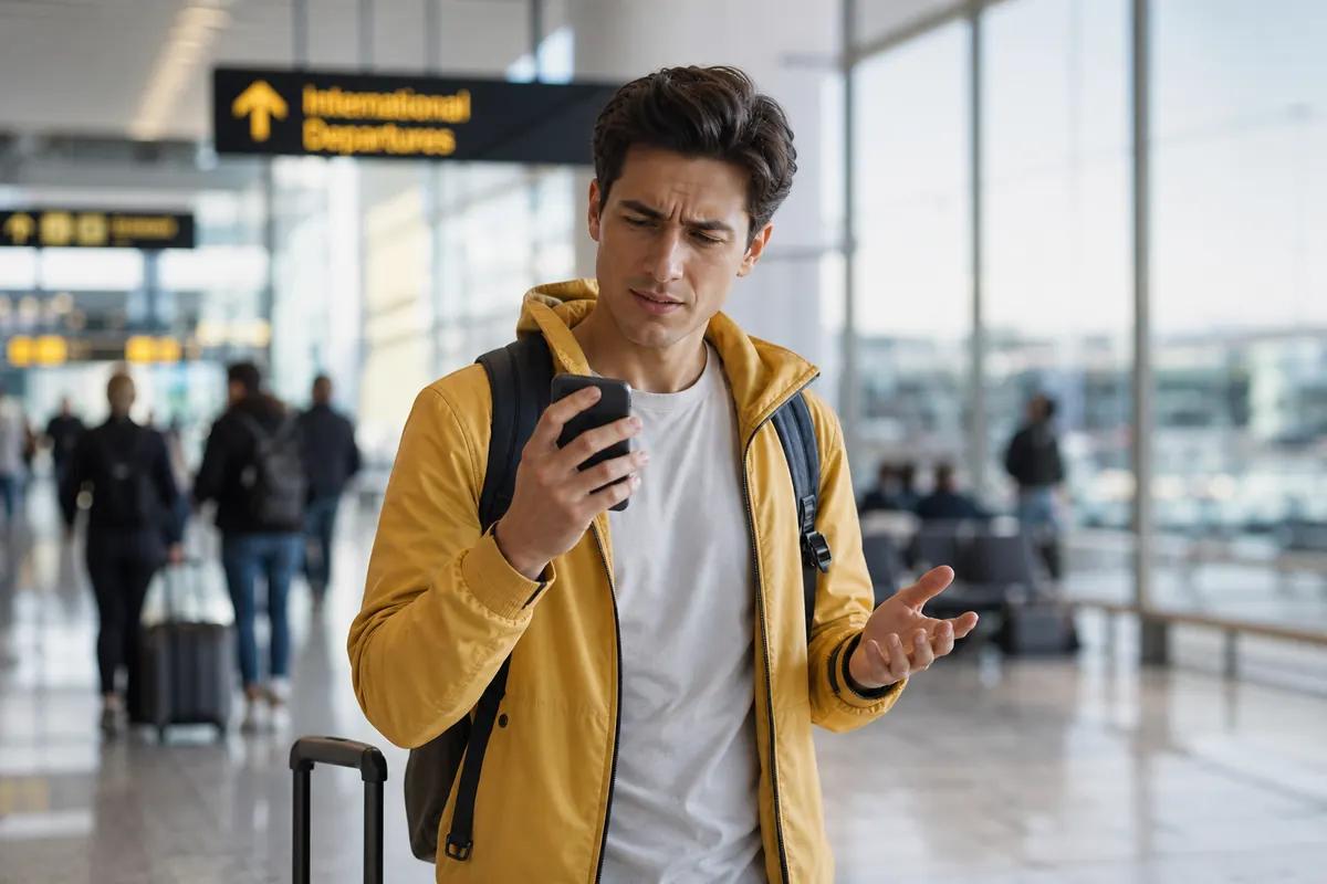 Baffled traveler with an open palm staring at his phone under international departures signage