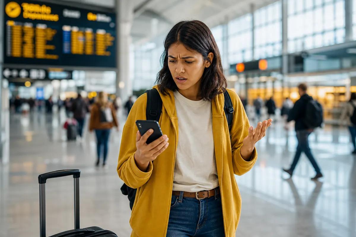 Frustrated traveler raising her hand at her phone under an airport departures board