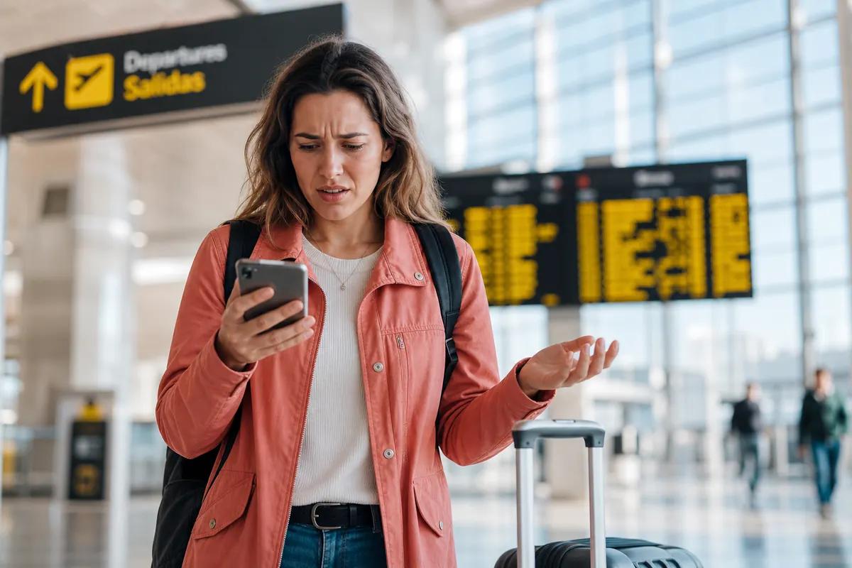 Puzzled female traveler staring at her phone screen in an airport hall, suitcase beside her