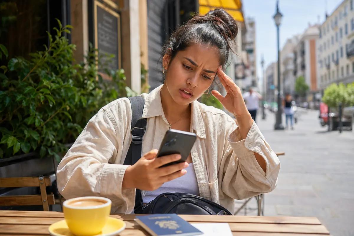 Frustrated young woman staring at her phone on a cafe terrace, coffee and passport on the table