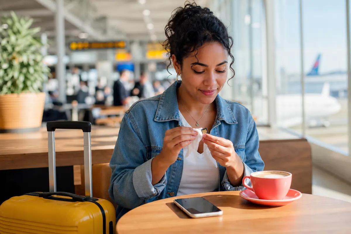 Voyageuse nettoyant une carte SIM avec un mouchoir à une table de café d'aéroport