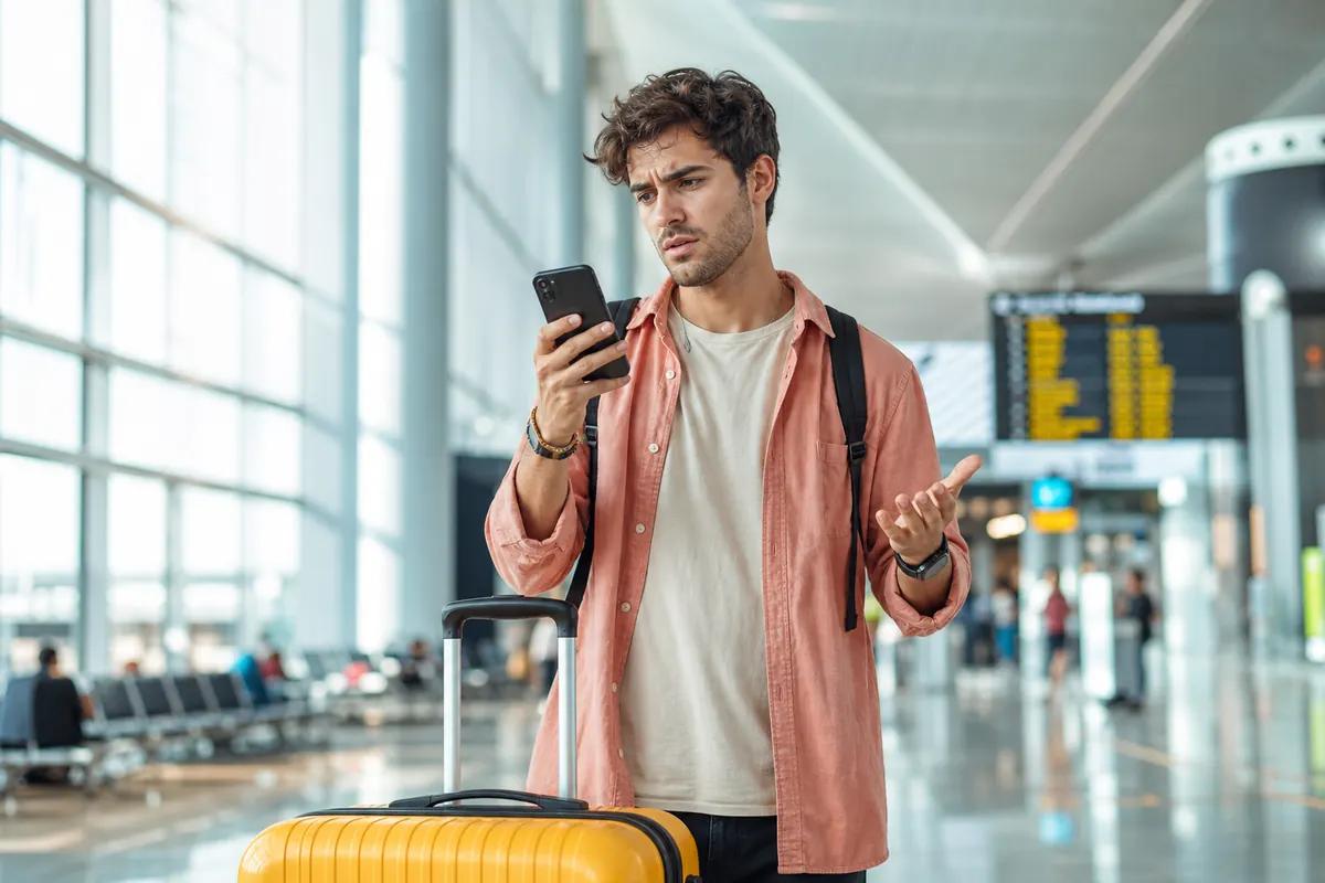 Voyageur perplexe devant l'écran de son smartphone, valise jaune à la main dans un terminal