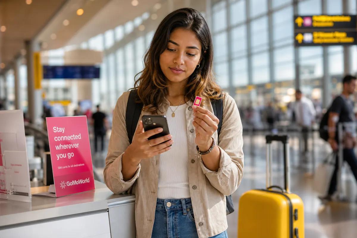 Jeune femme examinant une carte SIM et son smartphone à un comptoir d'aéroport, valise jaune à côté
