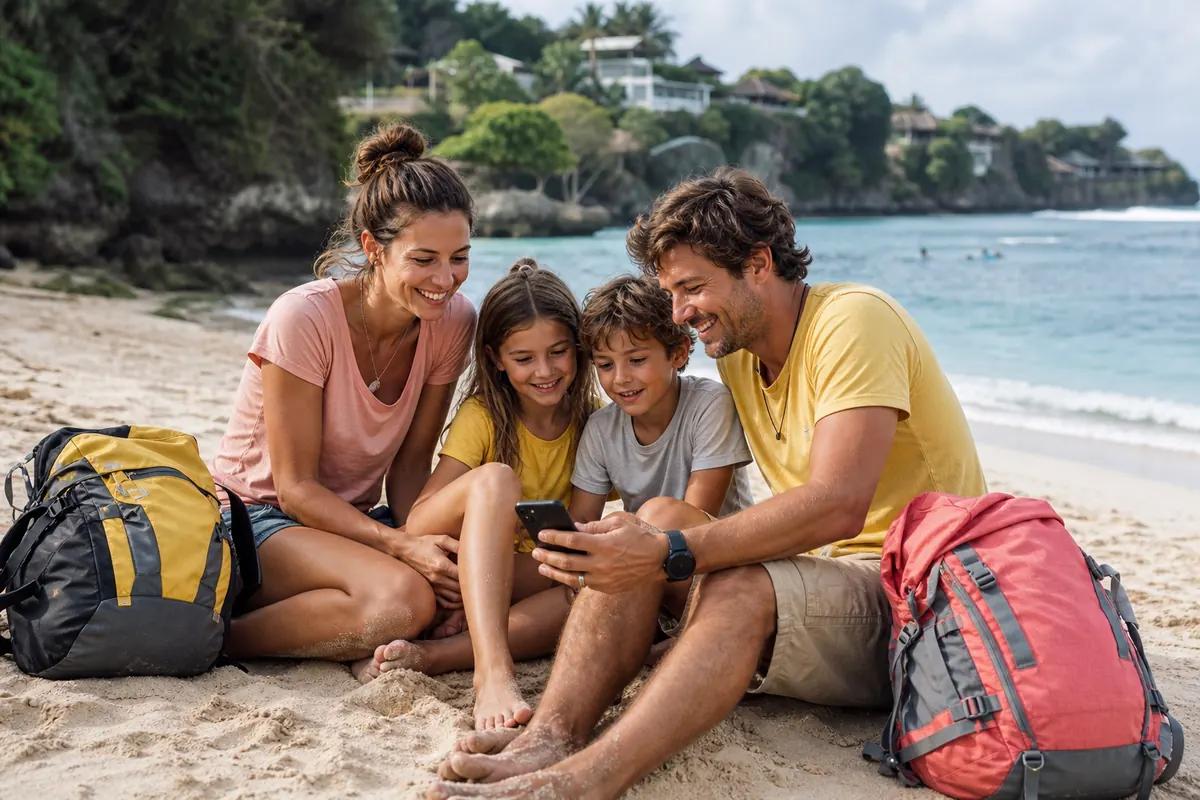 Famille assise sur le sable regardant ensemble un smartphone, mer turquoise et végétation derrière