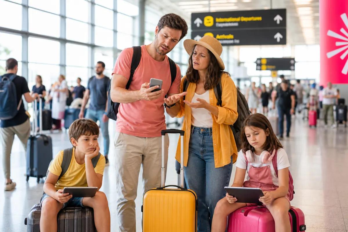 Famille avec deux enfants dans un hall d'aéroport, les parents inquiets penchés sur un smartphone