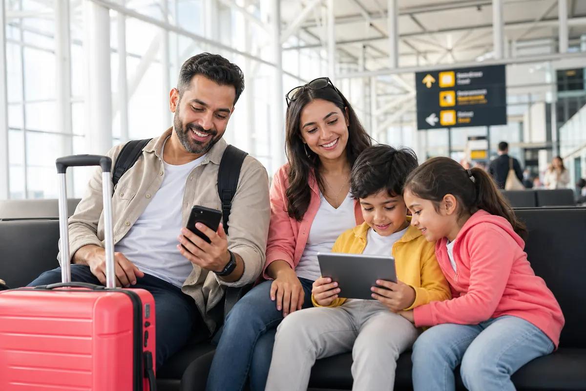 Famille assise en salle d'embarquement, le père au smartphone et les enfants sur une tablette