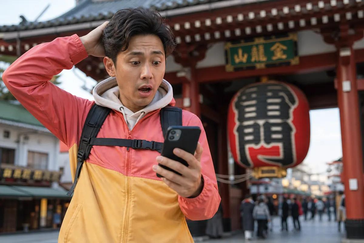 Voyageur stupéfait devant son smartphone au pied d'une porte de temple japonaise à lanterne rouge