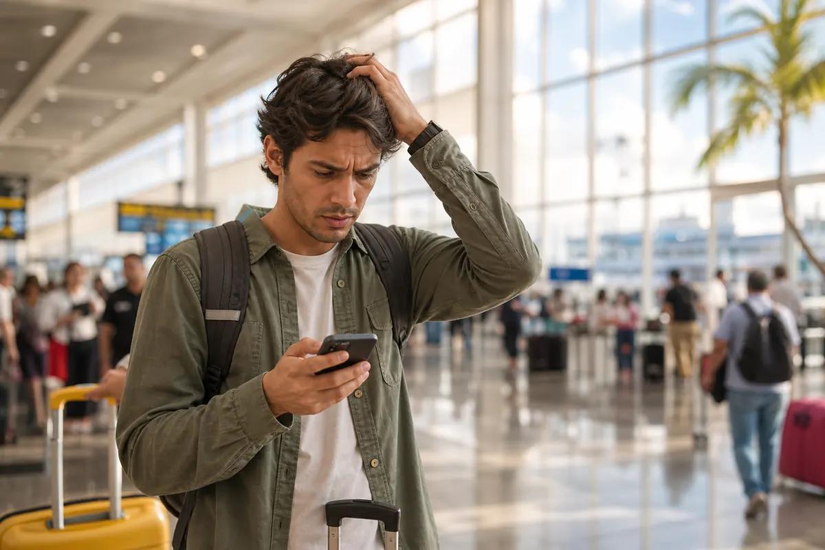 Frustrated traveler with a hand on his head reading his phone in a busy tropical airport