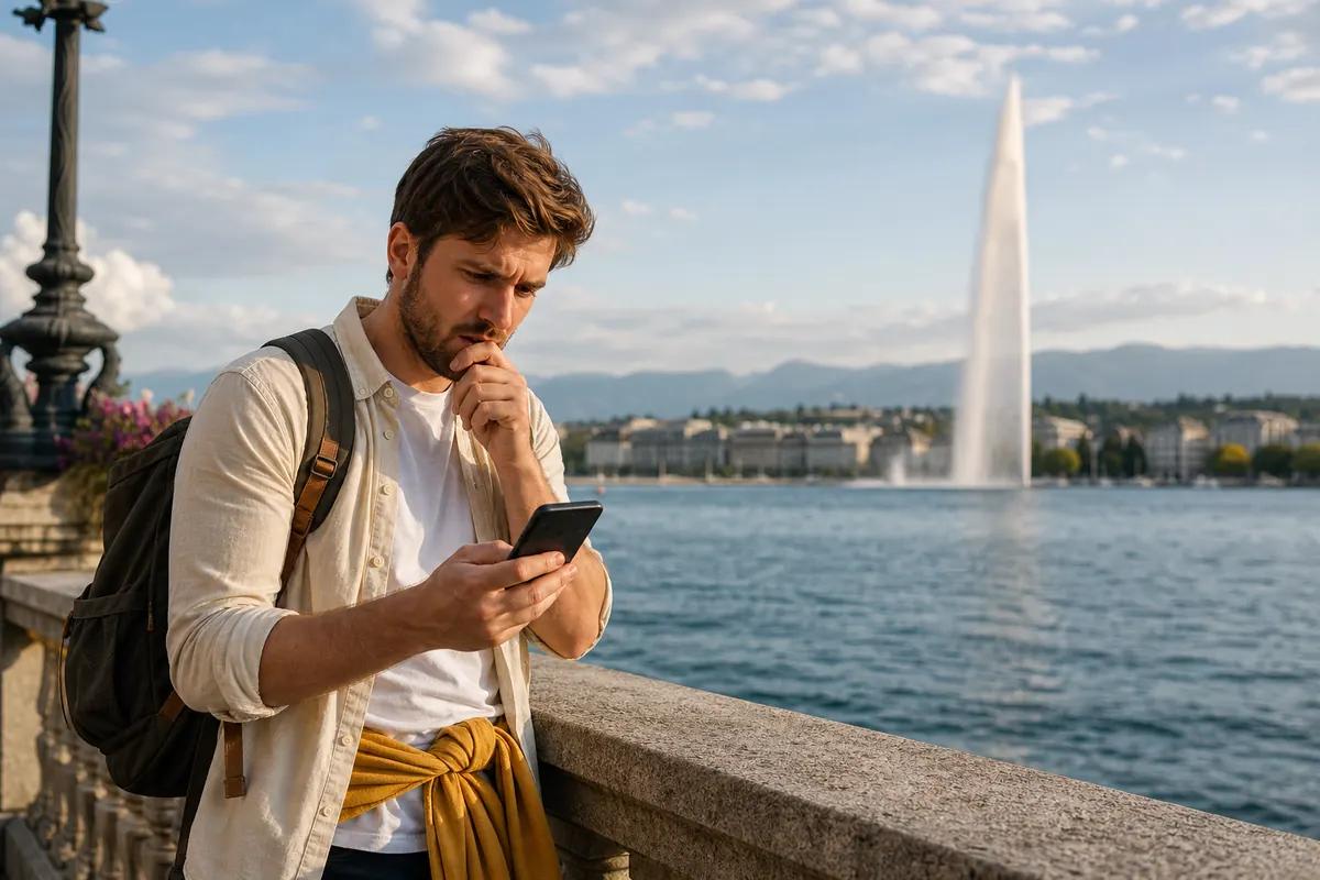 Voyageur soucieux consultant son téléphone au bord d'un lac où jaillit un grand jet d'eau