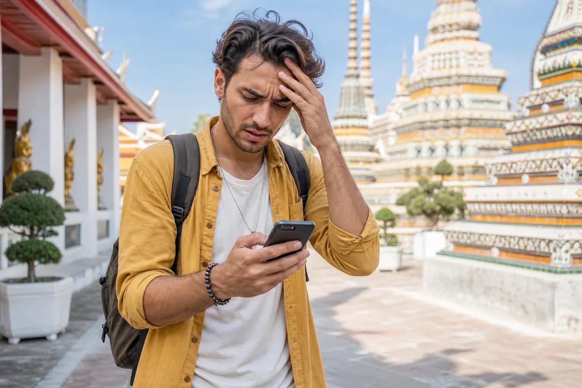 Frustrated traveler checking his phone in front of ornate Thai temple stupas in Bangkok
