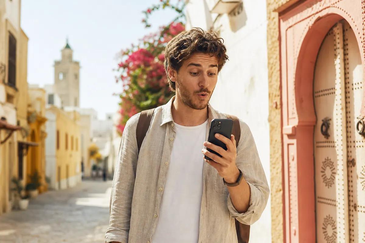 Homme surpris fixant son smartphone dans une ruelle blanche, porte rose cloutée et minaret au fond