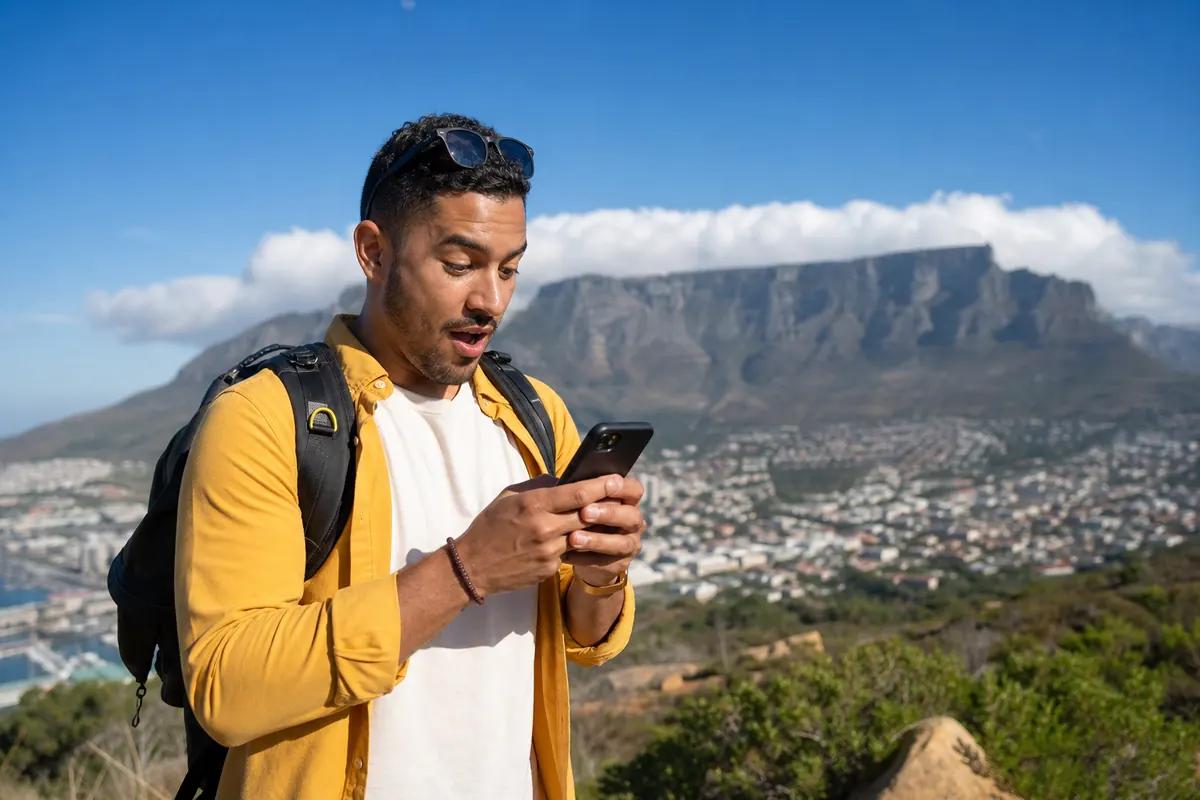Randonneur stupéfait devant son smartphone sur une hauteur dominant une ville et une montagne plate