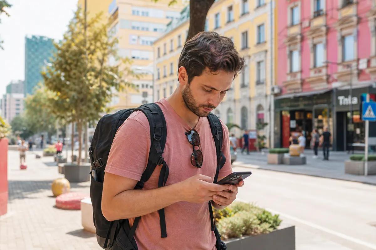 Voyageur avec sac à dos consultant son smartphone dans une rue commerçante aux façades colorées