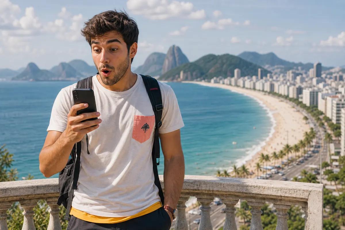 Voyageur stupéfait devant l'écran de son téléphone, baie et plage bordée d'immeubles derrière lui