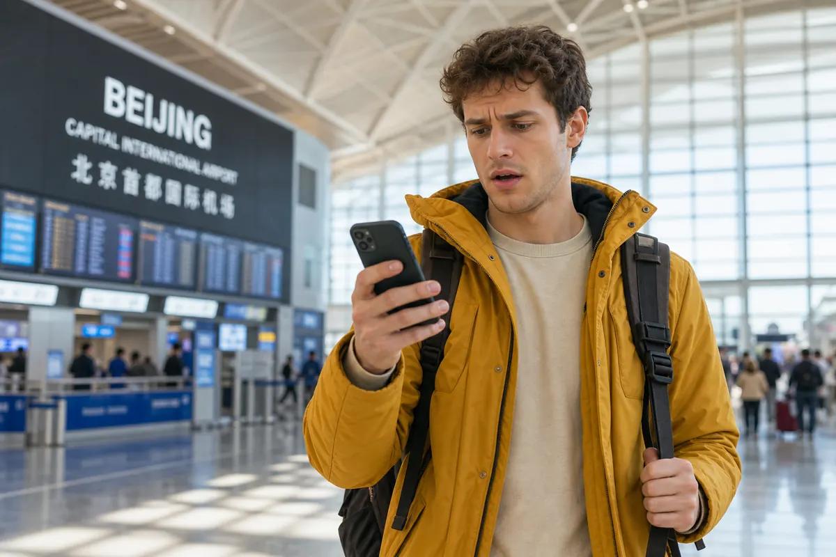Voyageur stupéfait devant son téléphone dans un terminal d'aéroport, écrans de vols en arrière-plan