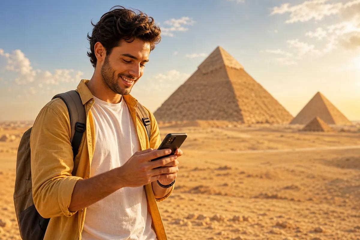 Smiling backpacker using his smartphone in front of the Giza pyramids at golden hour
