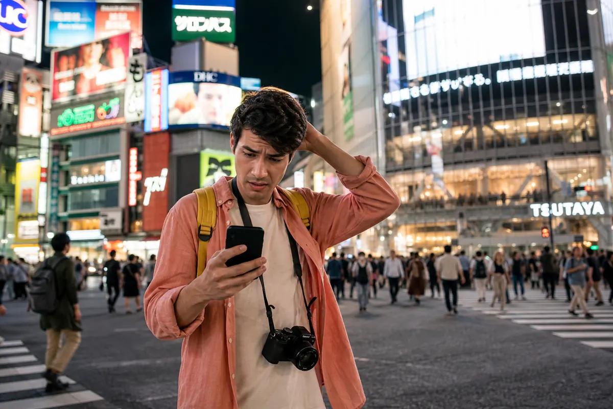 Voyageur dépité sur son smartphone au milieu d'un carrefour de Tokyo illuminé la nuit