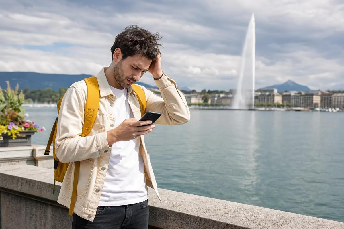 Dismayed traveler looking at his phone by a lakeside promenade with a tall water jet