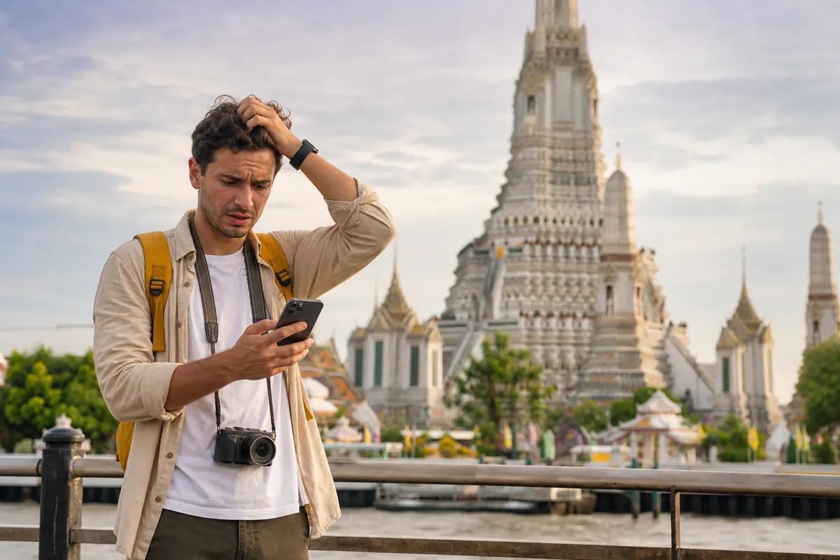 Voyageur à l'appareil photo se grattant la tête devant son téléphone, temple blanc de l'autre côté du fleuve