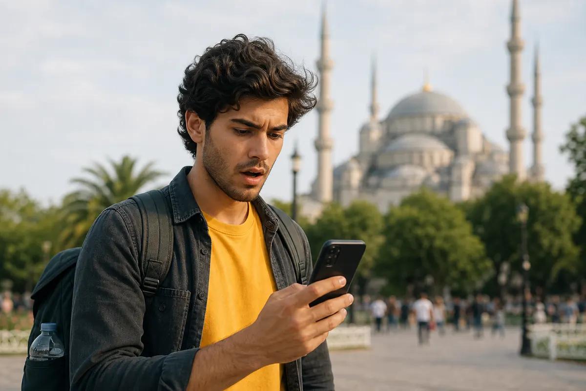 Jeune voyageur bouche bée devant son smartphone, mosquée à coupoles et minarets derrière lui