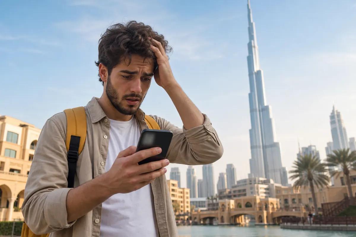 Voyageur consterné devant son smartphone au pied des gratte-ciel de Dubaï et de sa tour géante