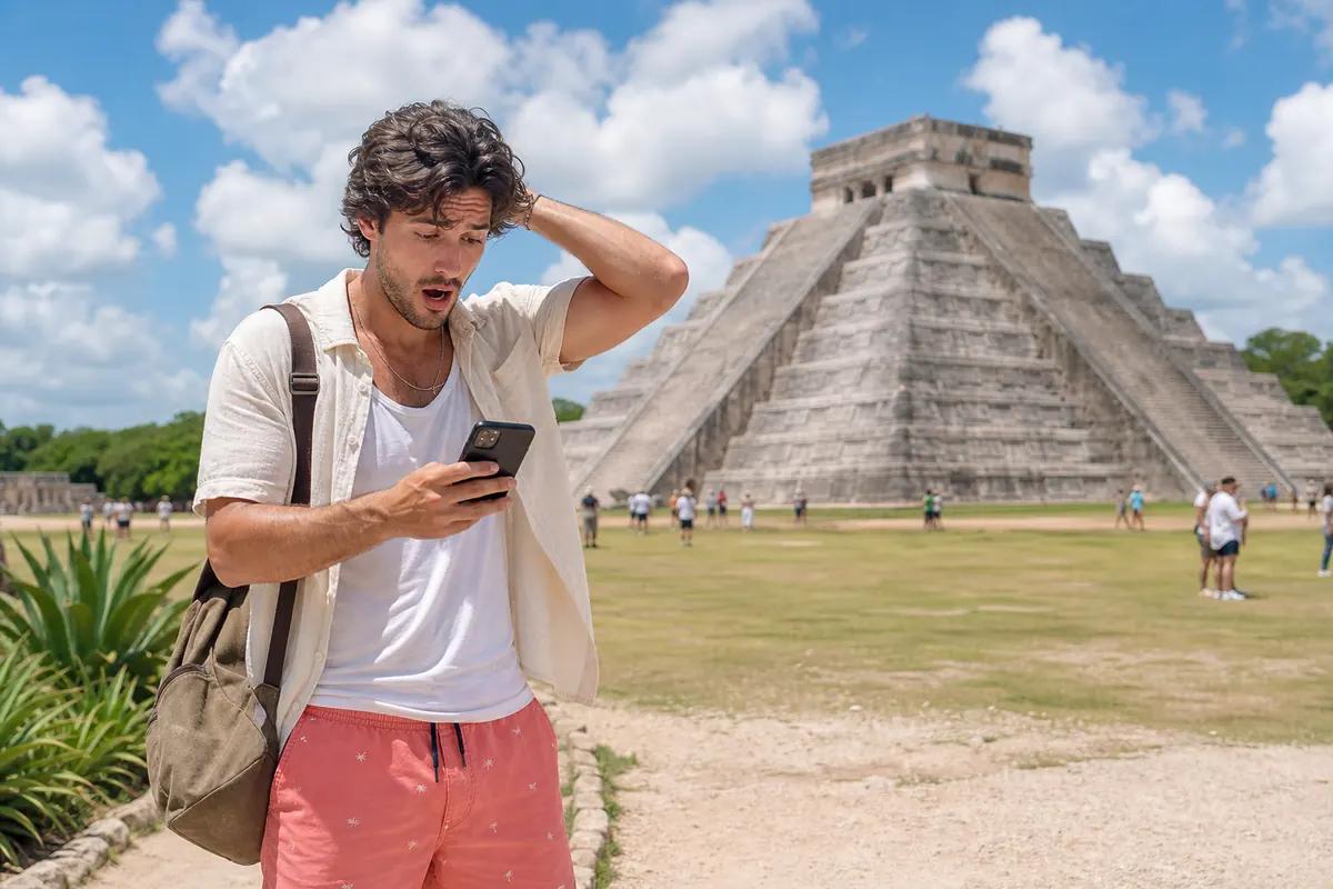 Voyageur stupéfait consultant son smartphone devant la pyramide maya de Chichén Itzá