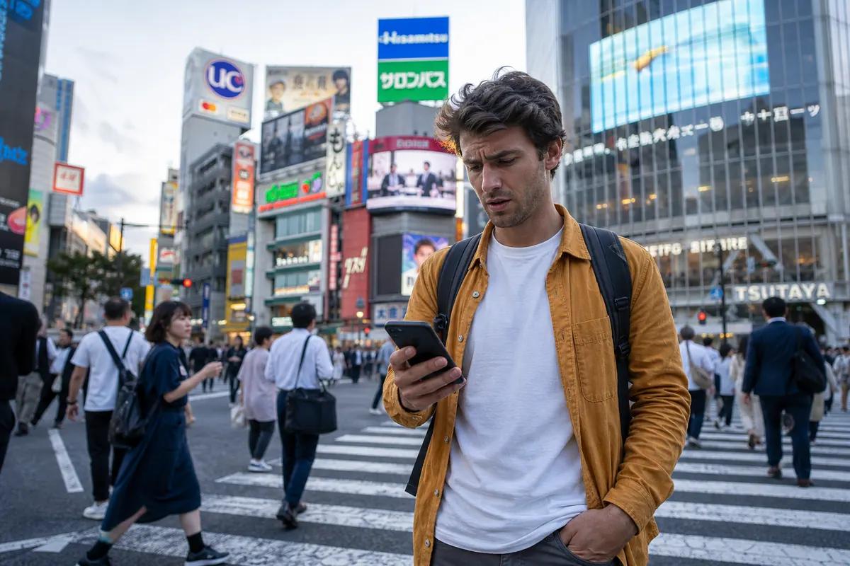 Voyageur consultant son smartphone en traversant un passage piéton animé de Tokyo au crépuscule