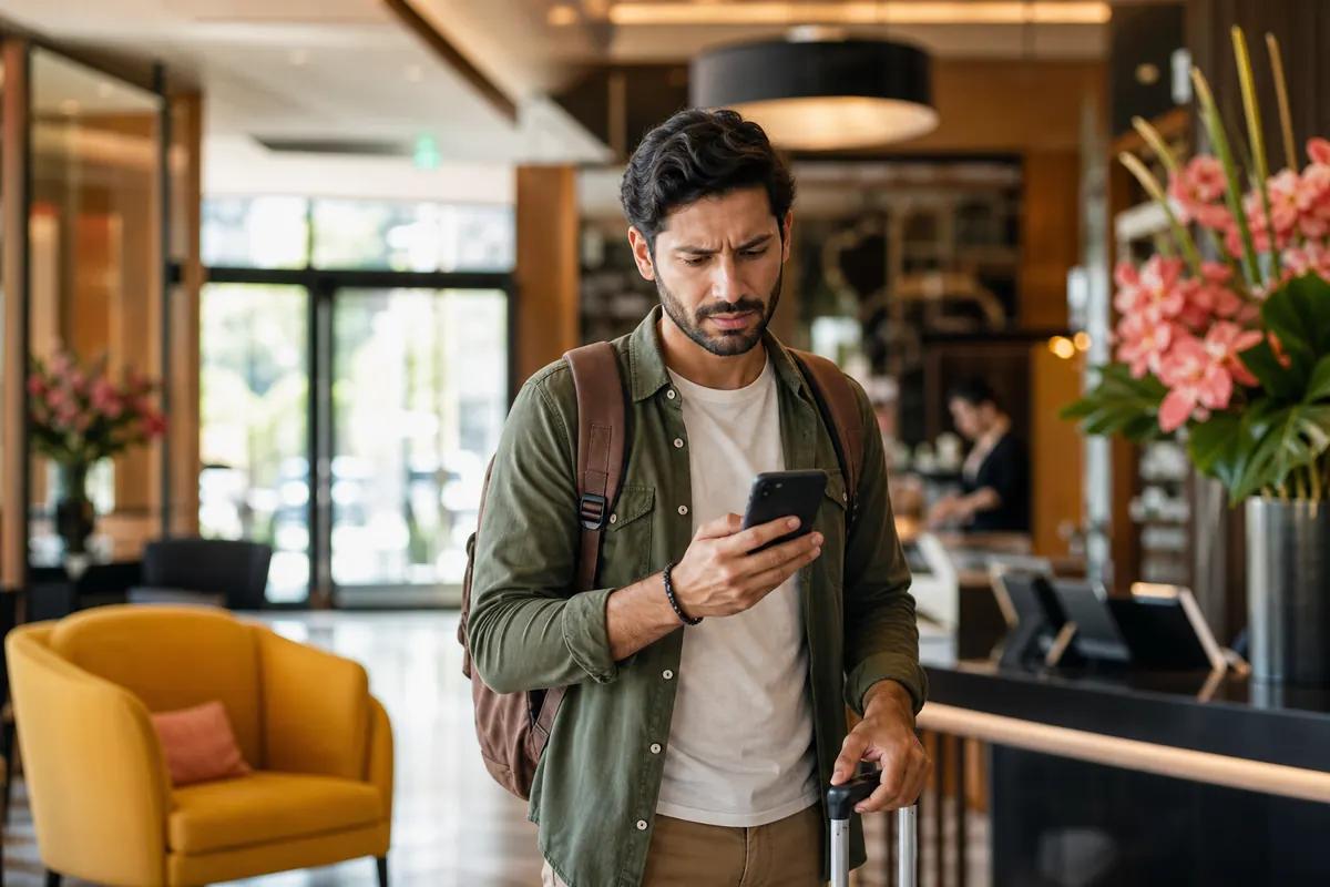 Voyageur contrarié consultant son smartphone dans le hall d'un hôtel, valise à la main