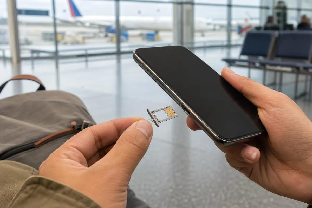 Mains extrayant le tiroir SIM d'un smartphone en salle d'embarquement, avion visible par la vitre