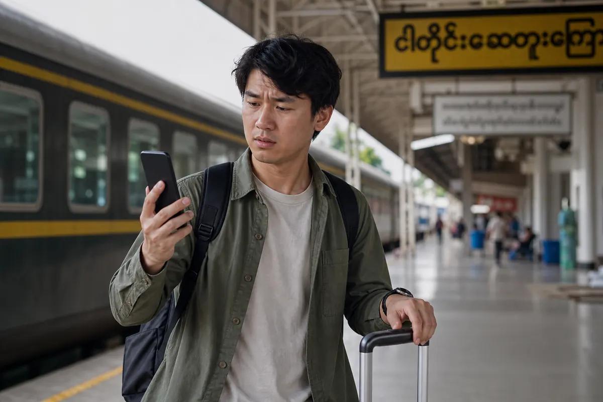 Voyageur perplexe regardant son smartphone sur un quai de gare, valise à la main, train à l'arrêt