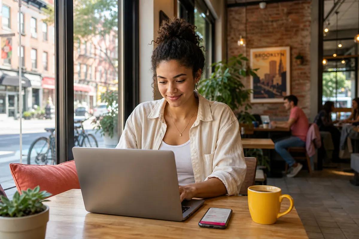 Young woman working on her laptop in a Brooklyn coffee shop with her phone on the table