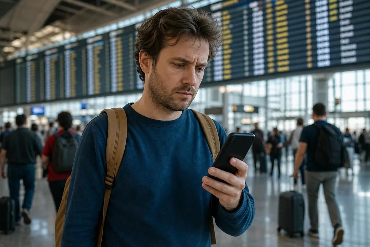 Backpacker frowning at his smartphone beneath airport departure boards in a busy terminal