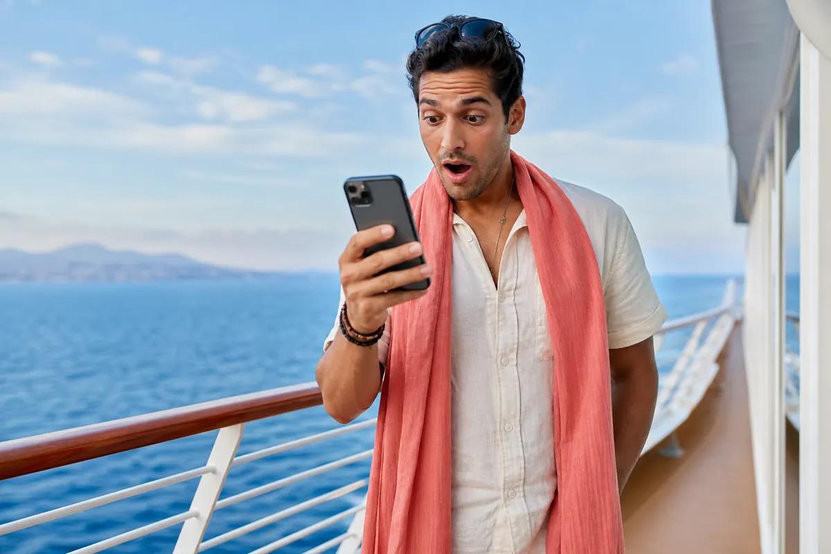 Surprised passenger staring at his phone on a cruise ship deck with open sea behind him