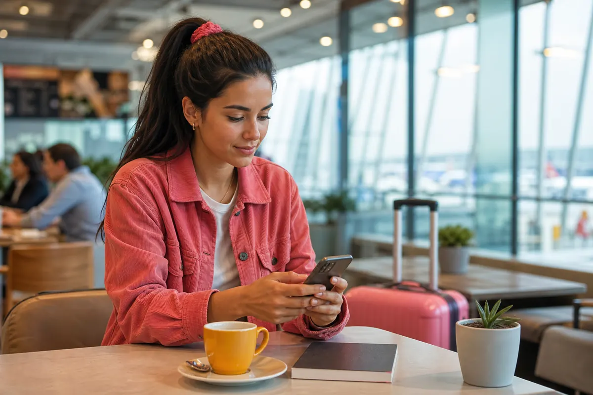 Voyageur configurant manuellement son profil eSIM sur son smartphone à l'aéroport
