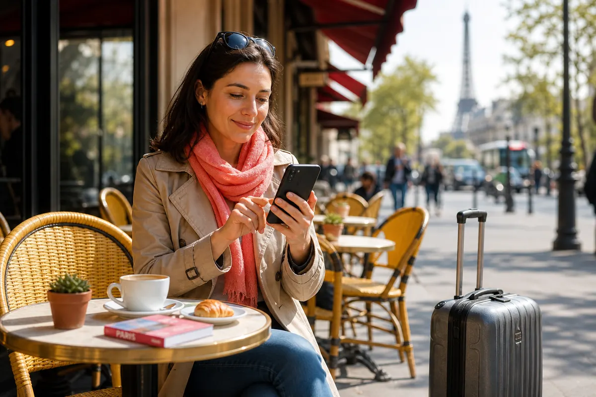 Voyageuse activant facilement son forfait data sur son smartphone à l'étranger.