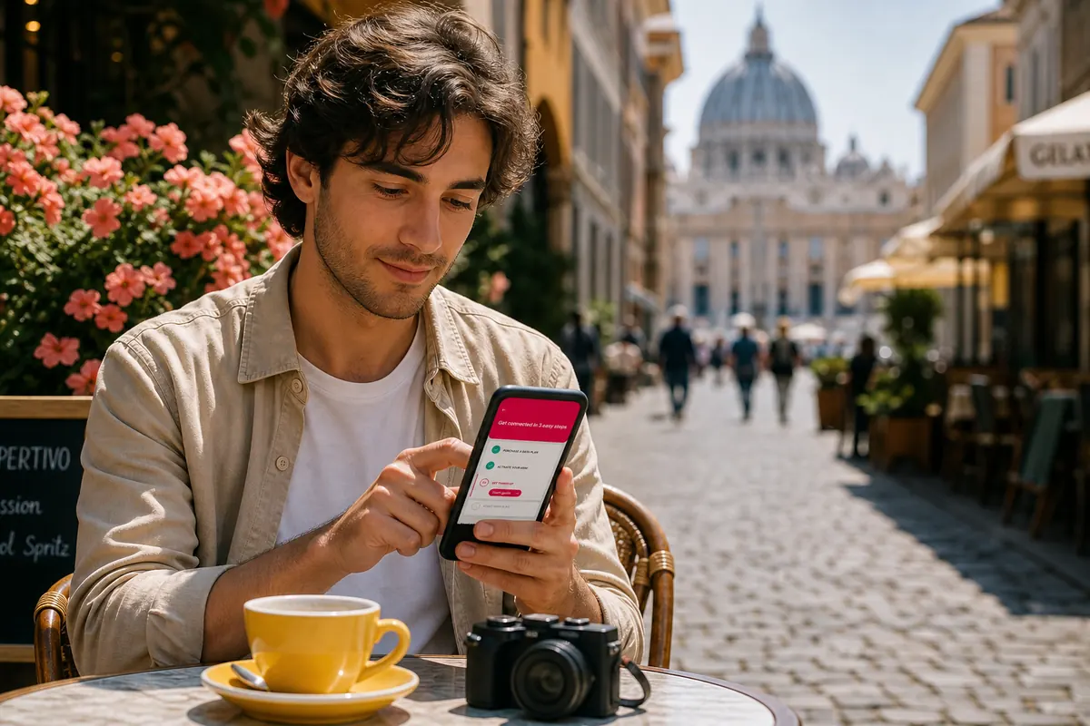 Voyageur réglant les paramètres de connexion internet sur son smartphone à l'étranger.