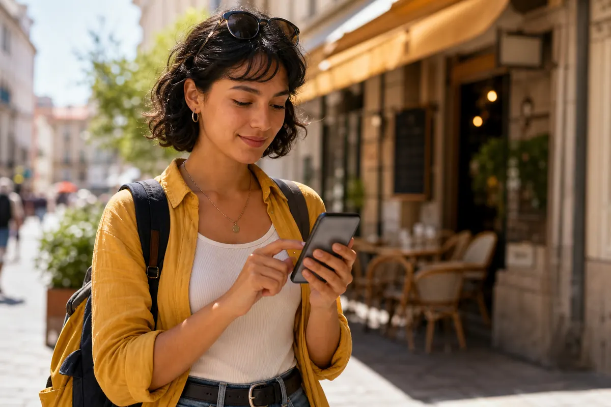 Voyageur concentré réglant les paramètres réseau de son téléphone à l'étranger.
