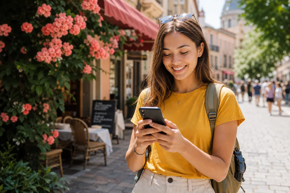 Voyageuse souriante connectée à internet sur son smartphone à l'étranger.