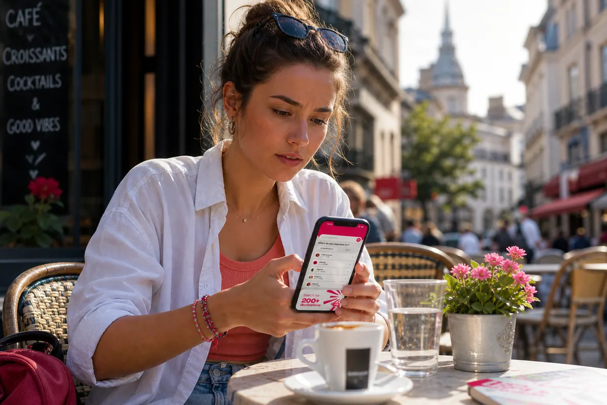 Focused traveler adjusting their phone network settings on a sunny outdoor terrace.