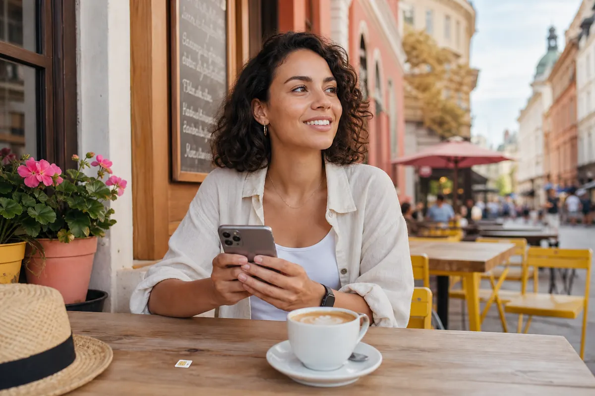 Voyageur gérant sa connexion internet et carte SIM en PVT à l'étranger.