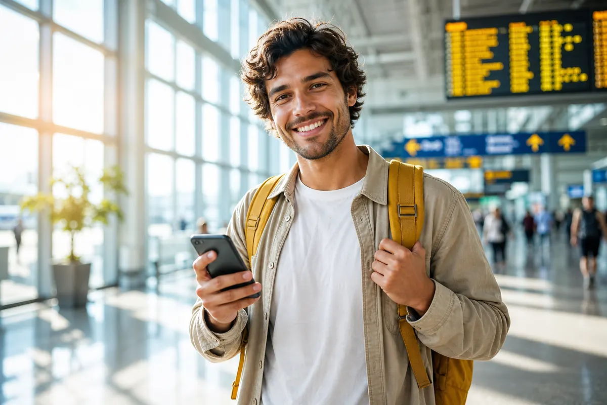 Étudiant Erasmus utilisant son smartphone à l'aéroport pour configurer son eSIM.