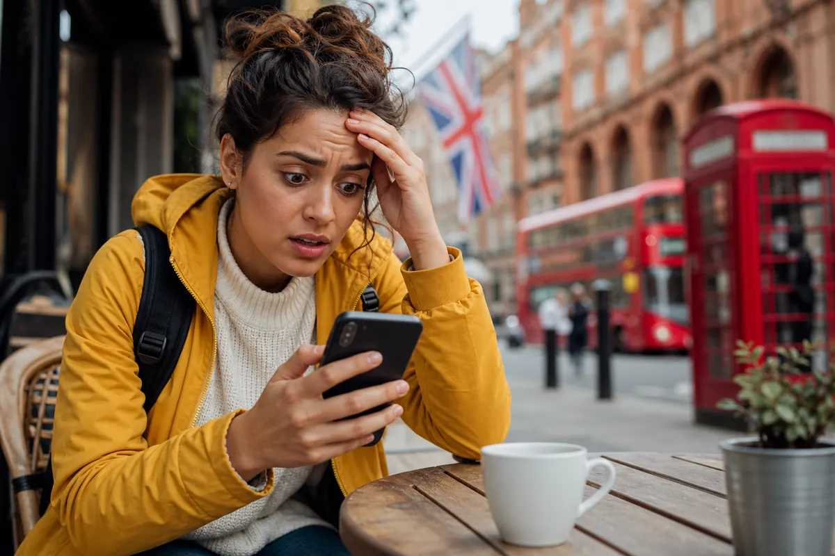 Touriste inquiet regardant son smartphone à Londres face aux frais d'itinérance