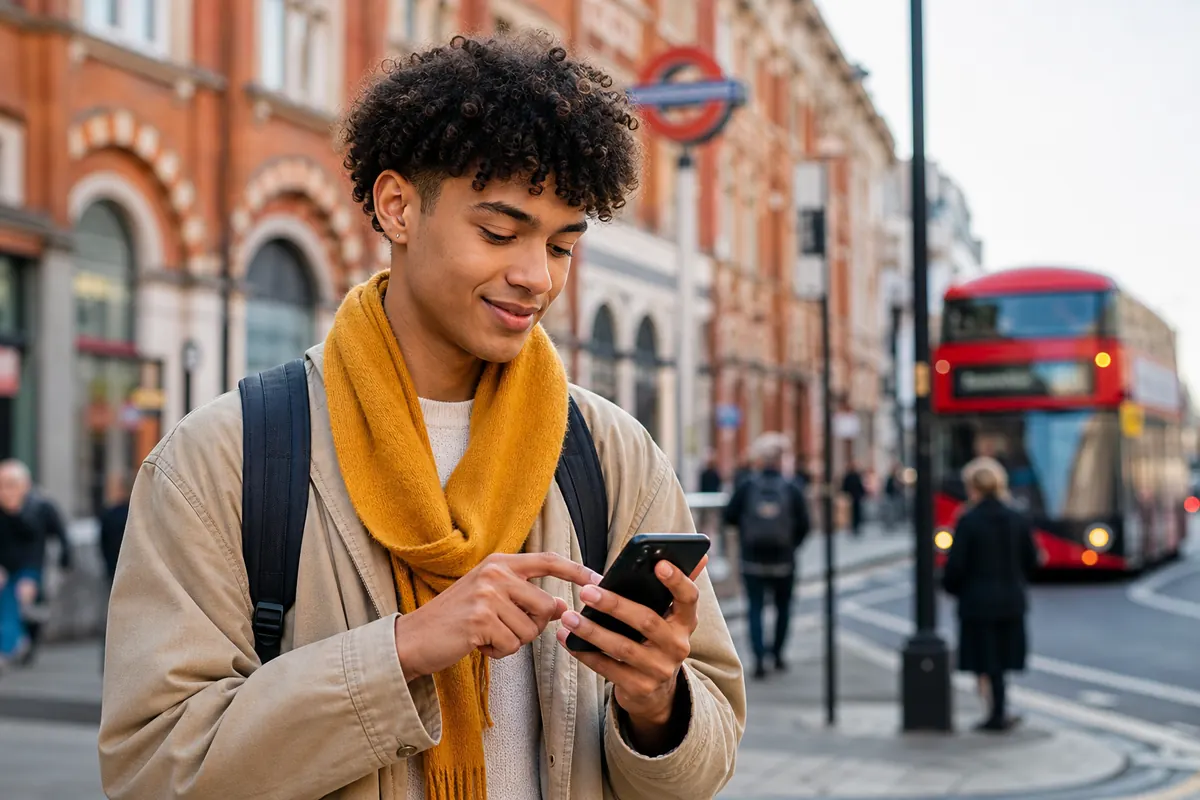 Étudiant international à Londres configurant son forfait eSIM sur son smartphone