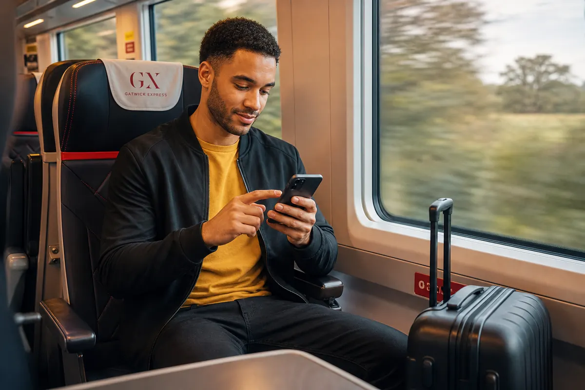 Voyageur avec valise configurant son eSIM sur smartphone dans un train anglais.