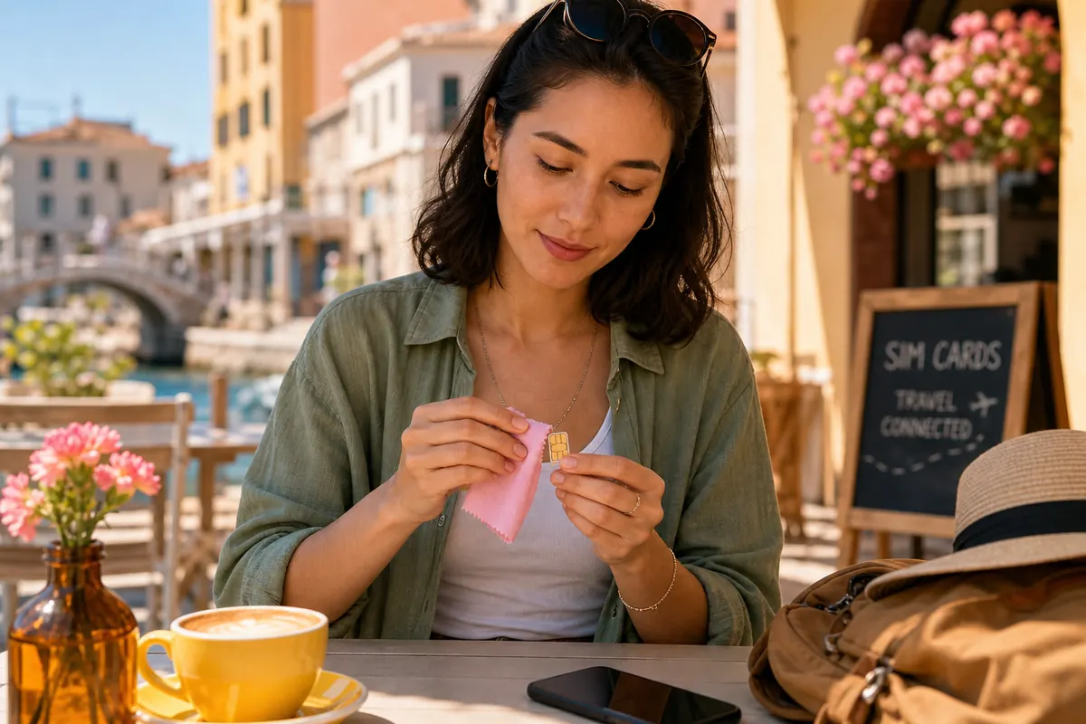 Traveler gently cleaning a SIM card with a microfiber cloth