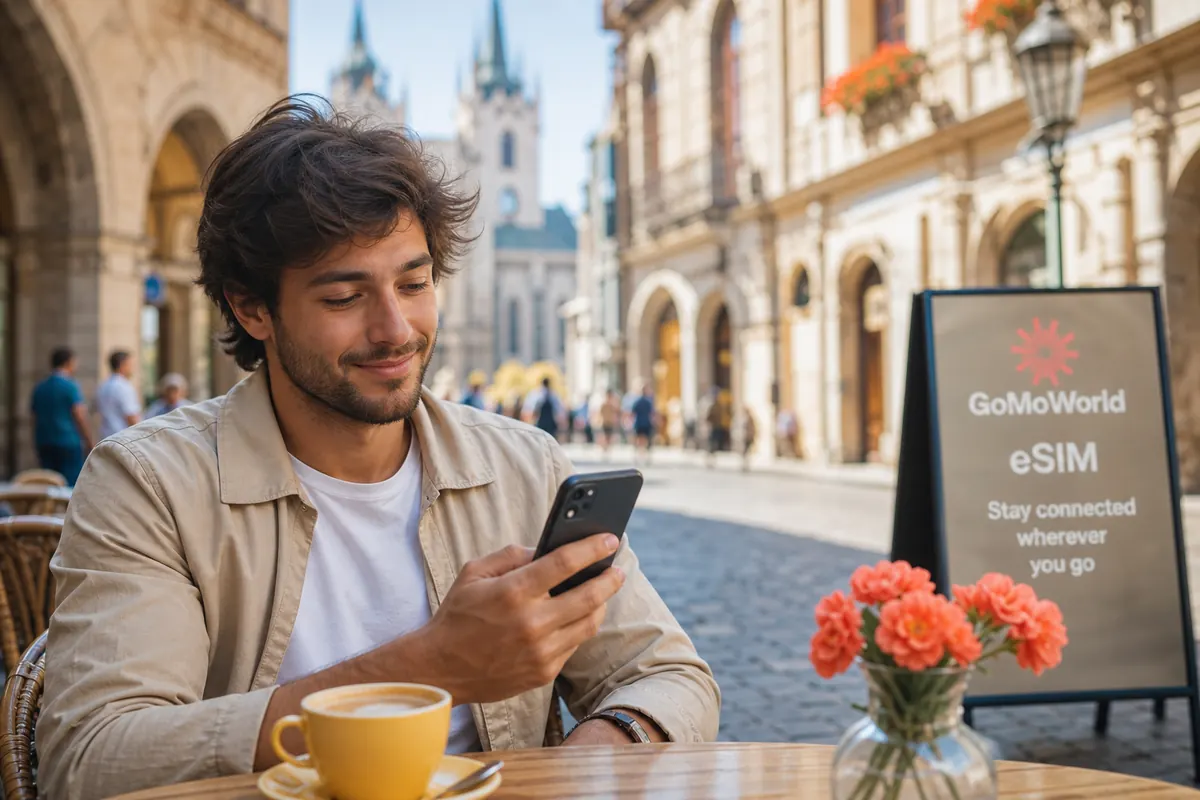 Relaxed traveler using their smartphone at a cafe terrace abroad